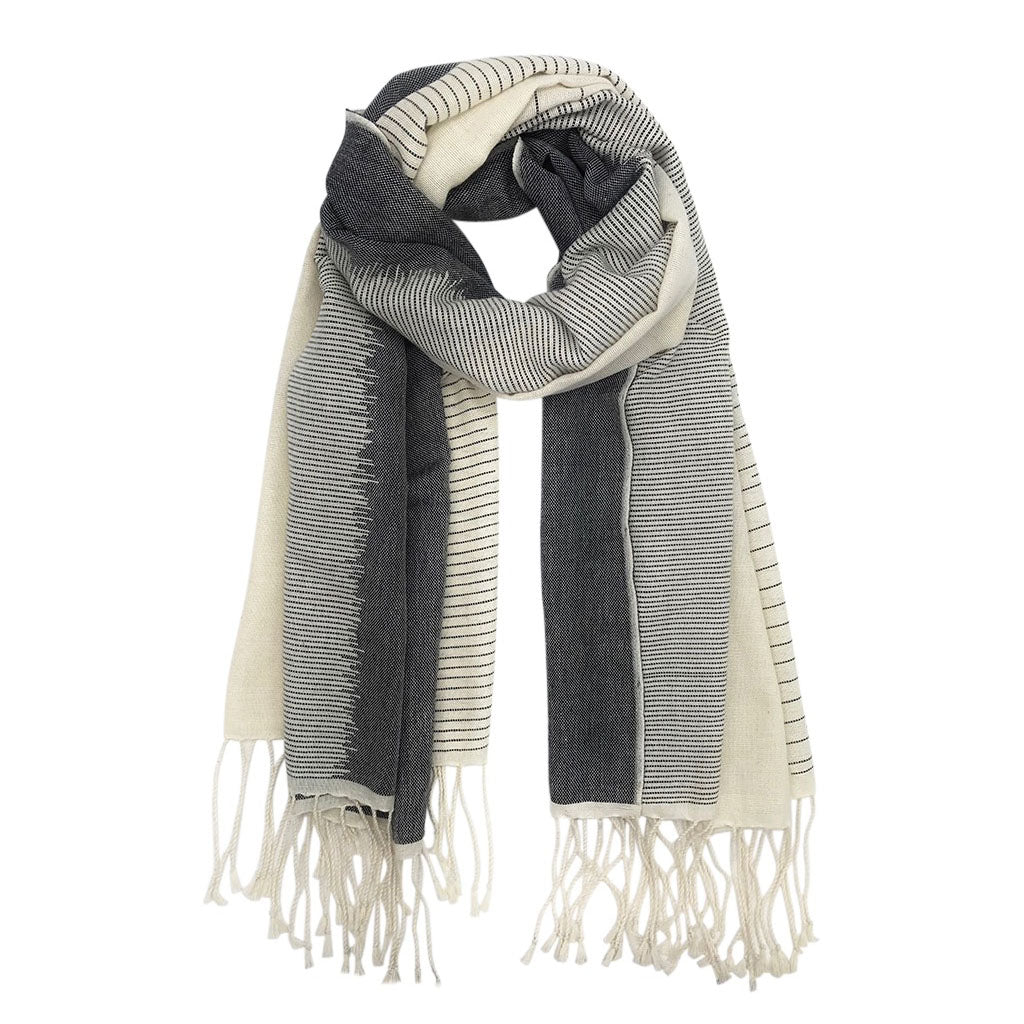Organic Cotton Striped Scarf Large Handloomed Wrap With Fringe Neutral Tones BandsCo Straps