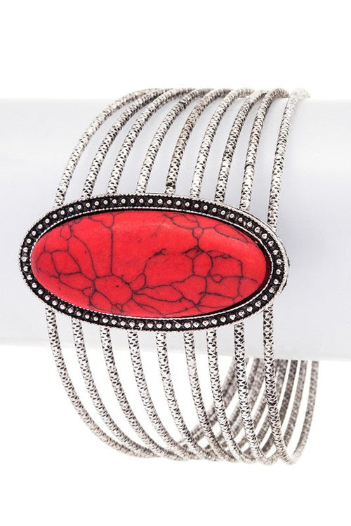 Oval Stone Bangle Set Silver Textured Stackable Bracelets