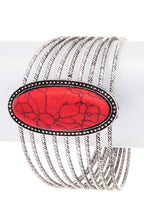Oval Stone Bangle Set Silver Textured Stackable Bracelets