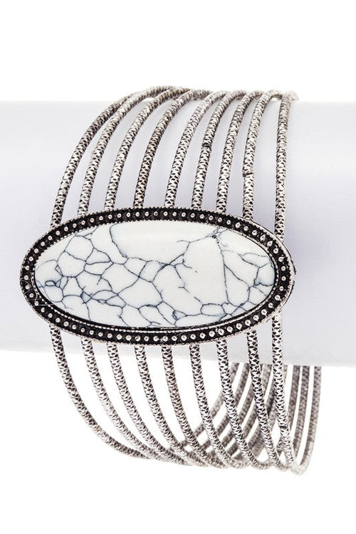 Oval Stone Bangle Set Silver Textured Stackable Bracelets