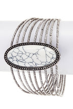 Oval Stone Bangle Set Silver Textured Stackable Bracelets
