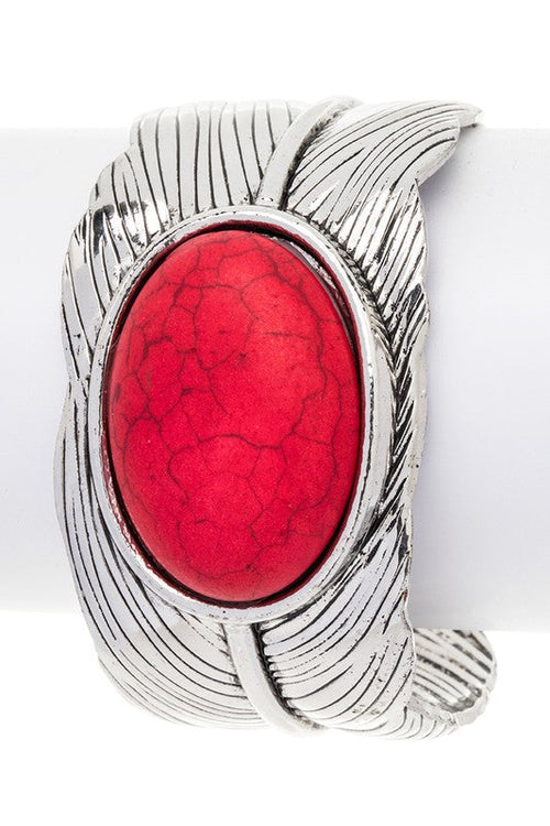 Oval Stone Leaf Cuff Adjustable Silver Tone Bracelet