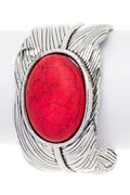 Oval Stone Leaf Cuff Adjustable Silver Tone Bracelet