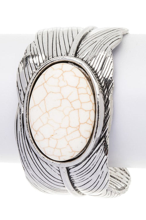 Oval Stone Leaf Cuff Adjustable Silver Tone Bracelet