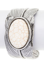 Oval Stone Leaf Cuff Adjustable Silver Tone Bracelet