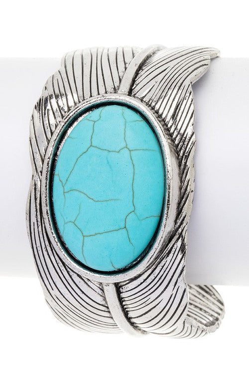 Oval Stone Leaf Cuff Adjustable Silver Tone Bracelet