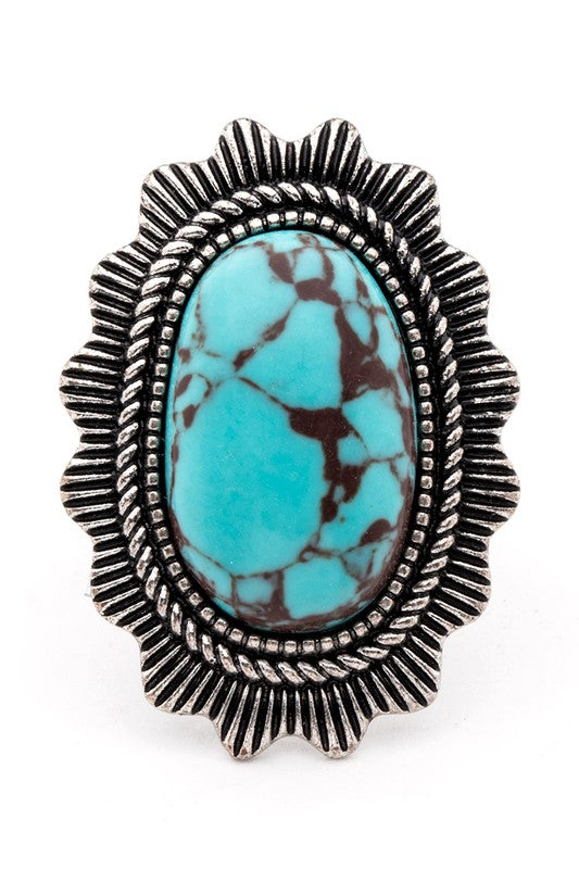 Oversize Western Turquoise Stone Ring Adjustable Silver