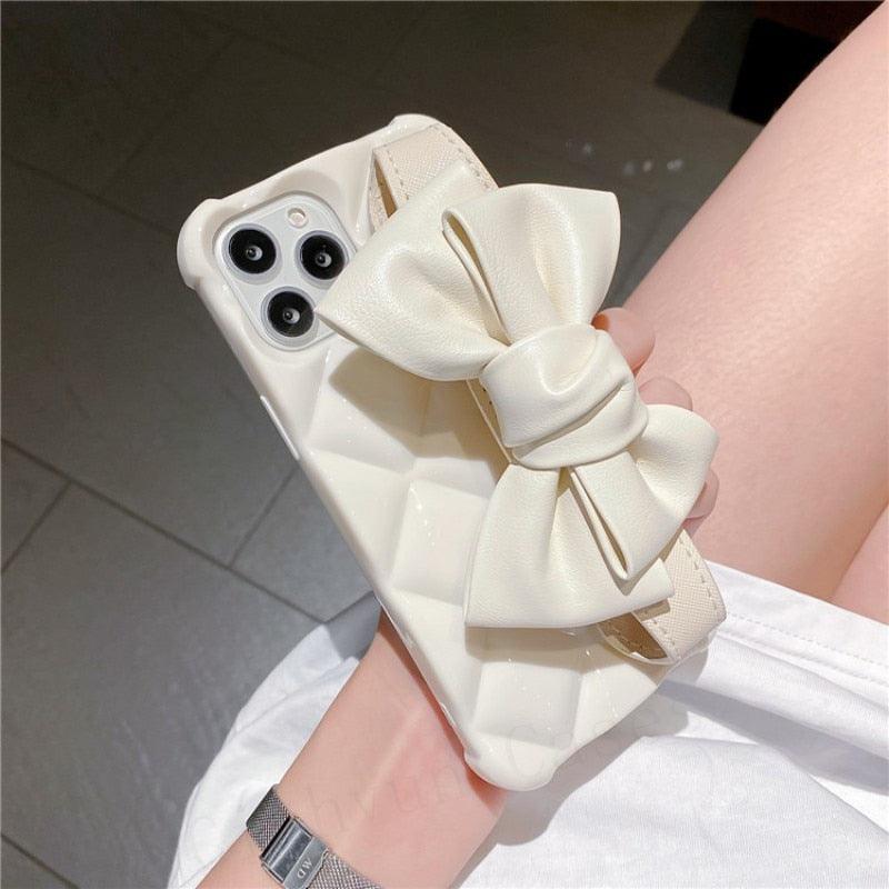 Oversized Beautiful Cute Bowknot Ribbon Cute Unique Pattern Case Soft Lightweight Leather Wrist Holder Stand Soft Phone Case For iPhone 14 13 7 8 Plus X XS XR MAX 11 Pro Phone Case Stevvex