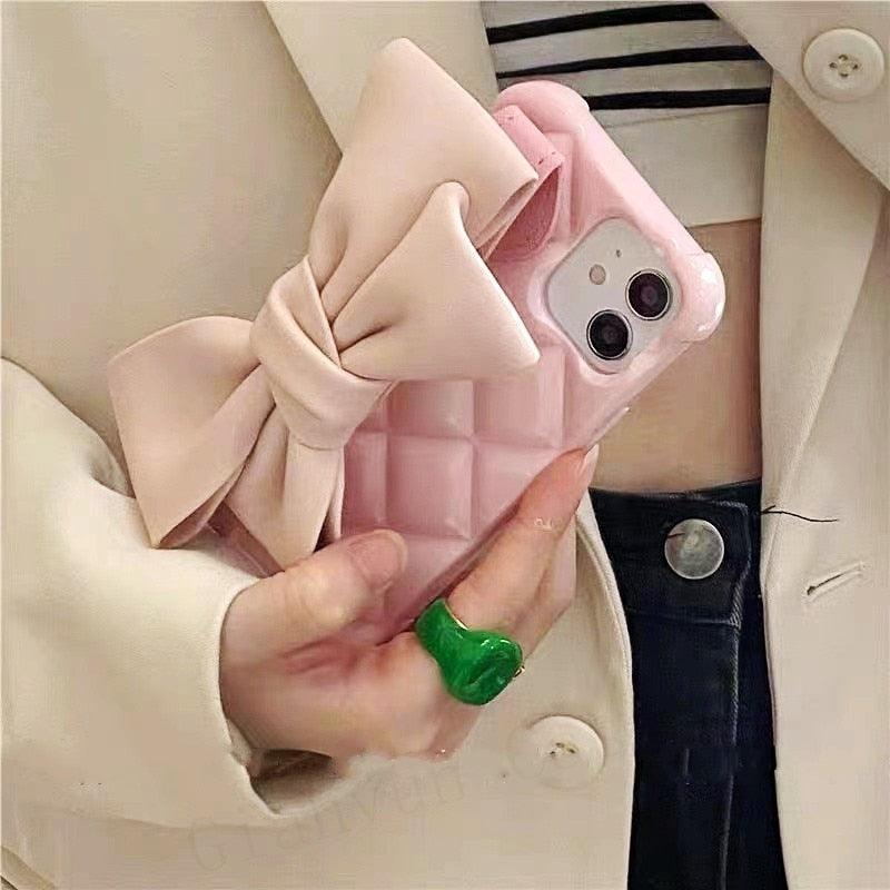 Oversized Beautiful Cute Bowknot Ribbon Cute Unique Pattern Case Soft Lightweight Leather Wrist Holder Stand Soft Phone Case For iPhone 14 13 7 8 Plus X XS XR MAX 11 Pro Phone Case Stevvex