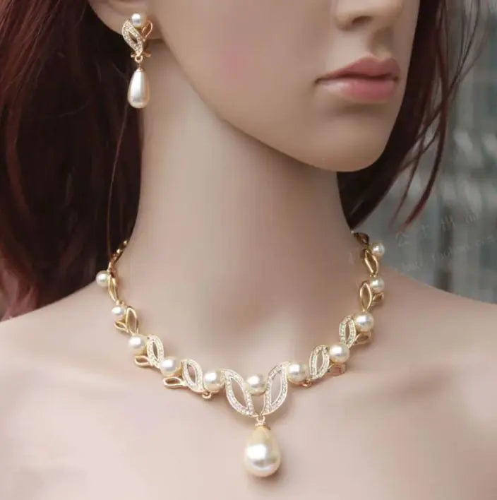 Crystal Rhinestone Pearl Necklace And Earrings Suite Pi-Mart