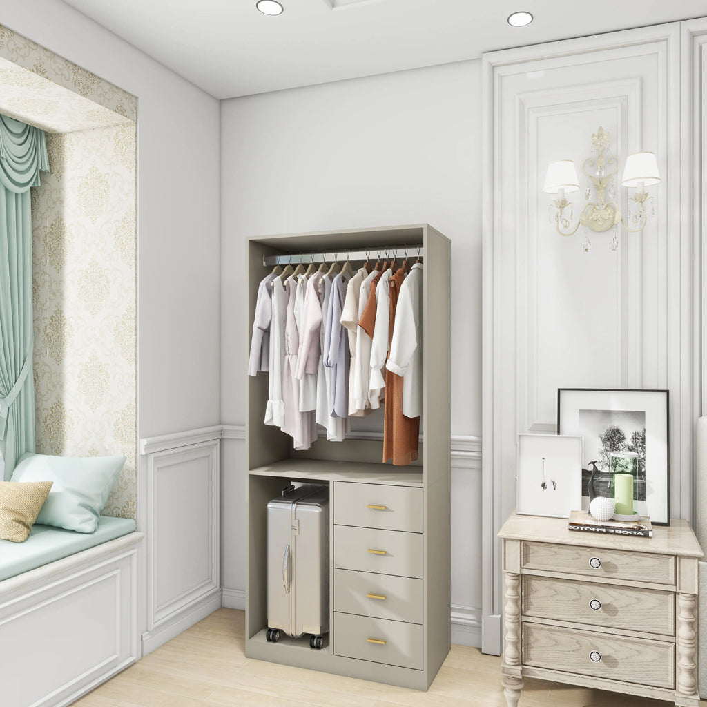 305 GreyCloset System: Walk-in Closet Organizer System with 4 Drawers Closet Kit with Shelves Hanging Rod Metal Handles Built-in Storage Organization 31.5"W x 15.7"D x 70.8"H Pi-Mart