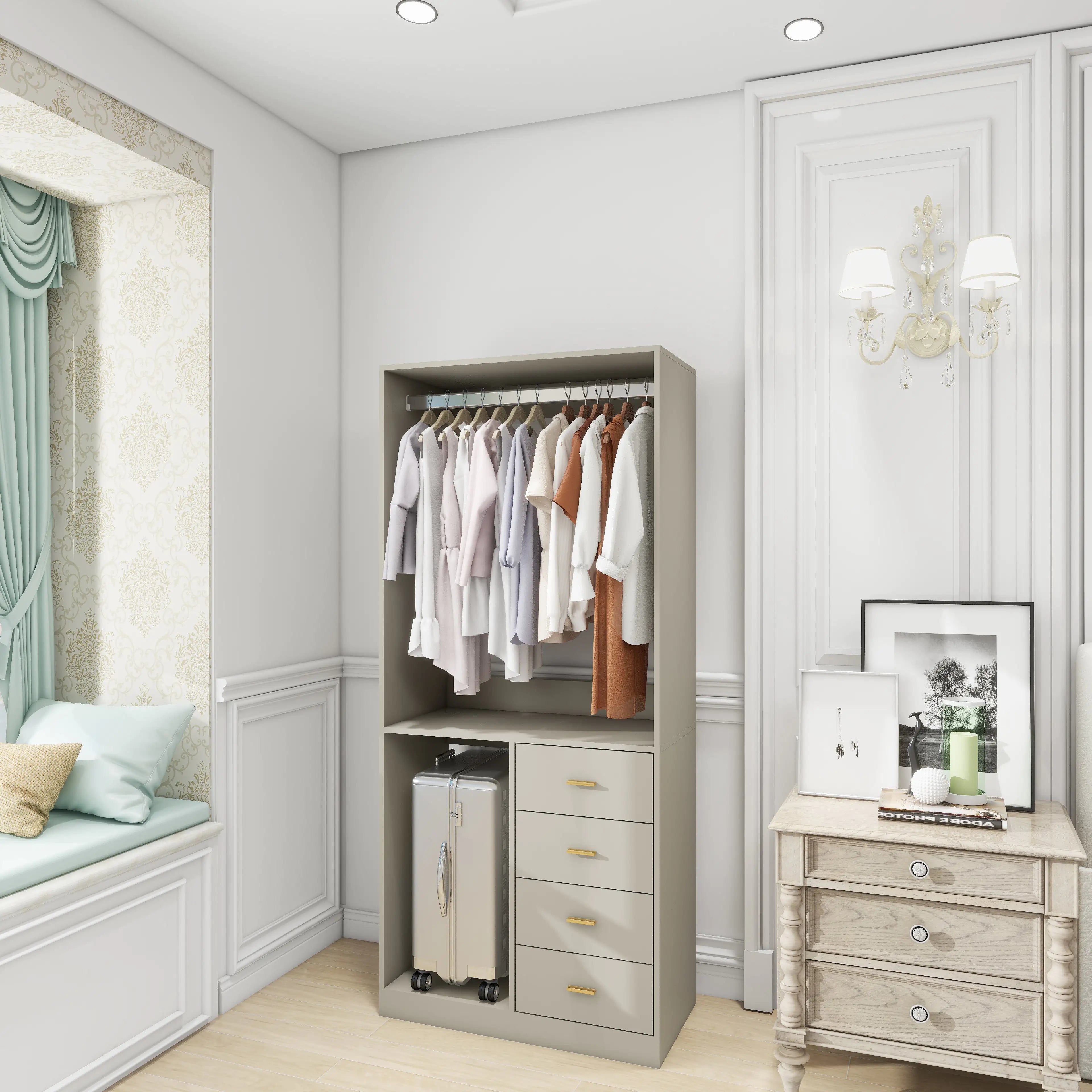 305 GreyCloset System: Walk-in Closet Organizer System with 4 Drawers Closet Kit with Shelves Hanging Rod Metal Handles Built-in Storage Organization 31.5"W x 15.7"D x 70.8"H Pi-Mart