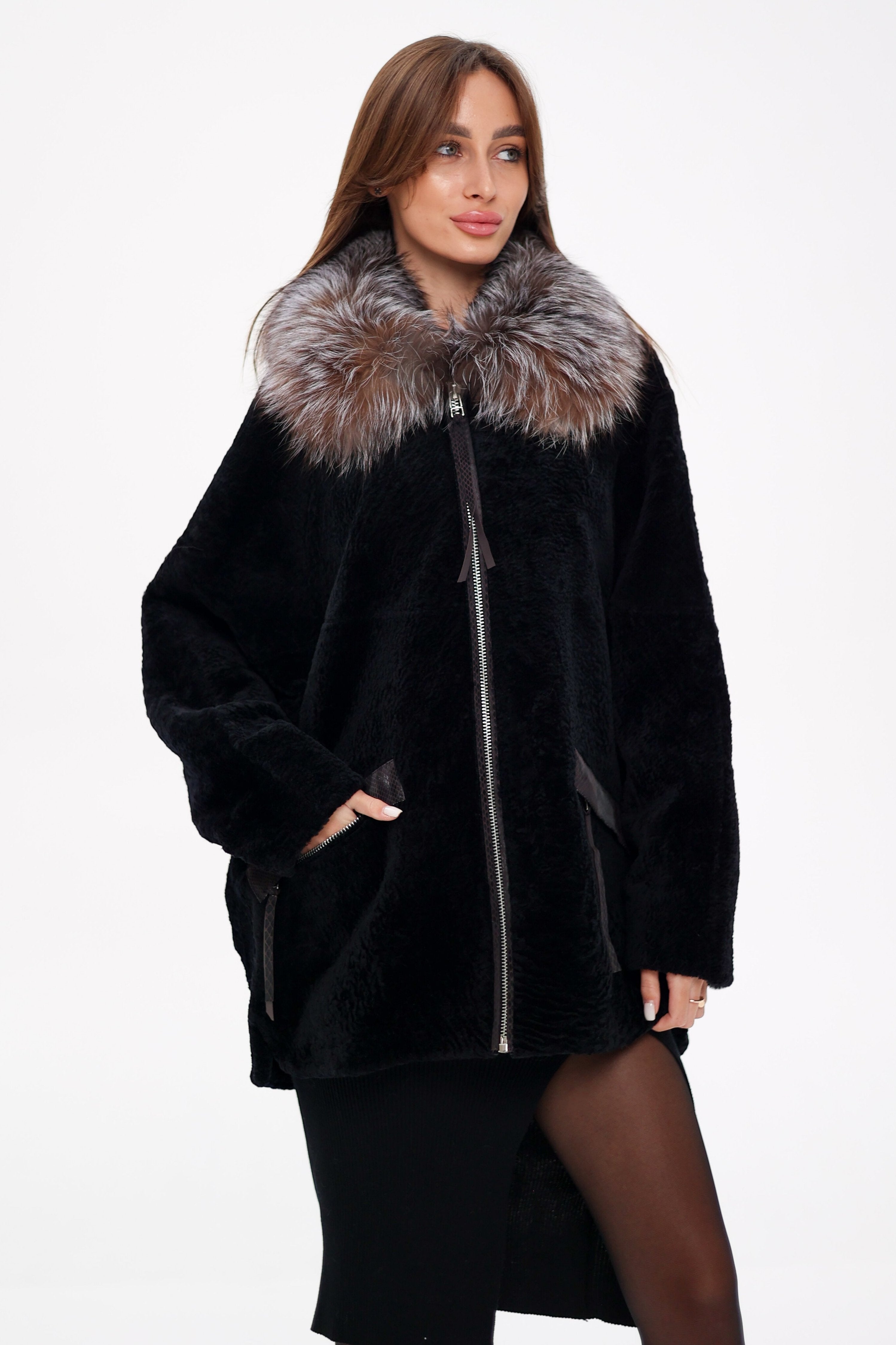 Palermo Genuine Astrakhan Silver Fox Trim Coat - SJB-DIAMOND ELITES