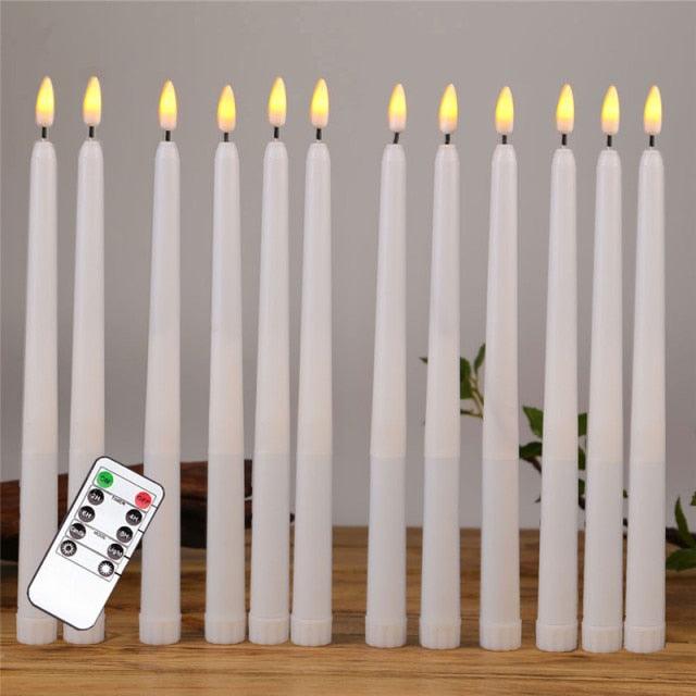 Pack of 12 Yellow Flickering Remote LED Candles Plastic Flameless Remote Taper Candles Flameless Ivory Taper Candles Flickering Battery Operated Led Warm 3D Wick Light Window Candles Real Led For Dinner Party Decoration Stevvex