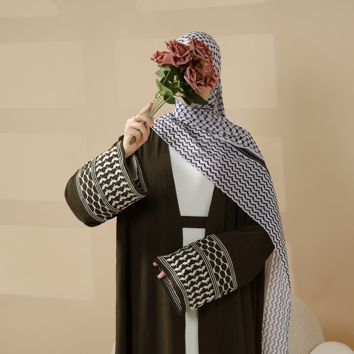 Palestine Kaffiyeh Embroidery Sleeve Colorful Keffiyeh Cardigan Open Abaya (MOA116)