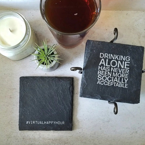 Drinking Alone Slate Coaster Premium Artisan Natural USA Slate Coaster With Cork Feet BandsCo Straps