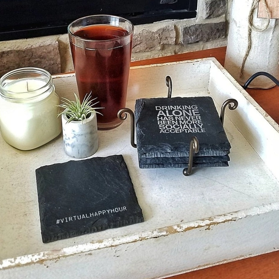 Drinking Alone Slate Coaster Premium Artisan Natural USA Slate Coaster With Cork Feet BandsCo Straps