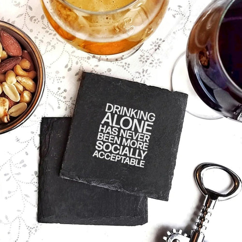 Drinking Alone Slate Coaster Premium Artisan Natural USA Slate Coaster With Cork Feet BandsCo Straps