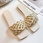 Party Luxury Ladies Slippers Charm Design Open-Toe Beach Flat Sandals Casual Flip Flops Women Shoes Flat Sandals Slip On Slide Sandals Leather Strap Flat Sandals