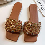 Party Luxury Ladies Slippers Charm Design Open-Toe Beach Flat Sandals Casual Flip Flops Women Shoes Flat Sandals Slip On Slide Sandals Leather Strap Flat Sandals