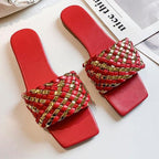 Party Luxury Ladies Slippers Charm Design Open-Toe Beach Flat Sandals Casual Flip Flops Women Shoes Flat Sandals Slip On Slide Sandals Leather Strap Flat Sandals
