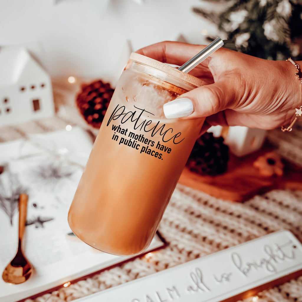 17oz Glass Tumbler With Bamboo Lid And 2 Stainless Straws, Mom Humor BandsCo Straps