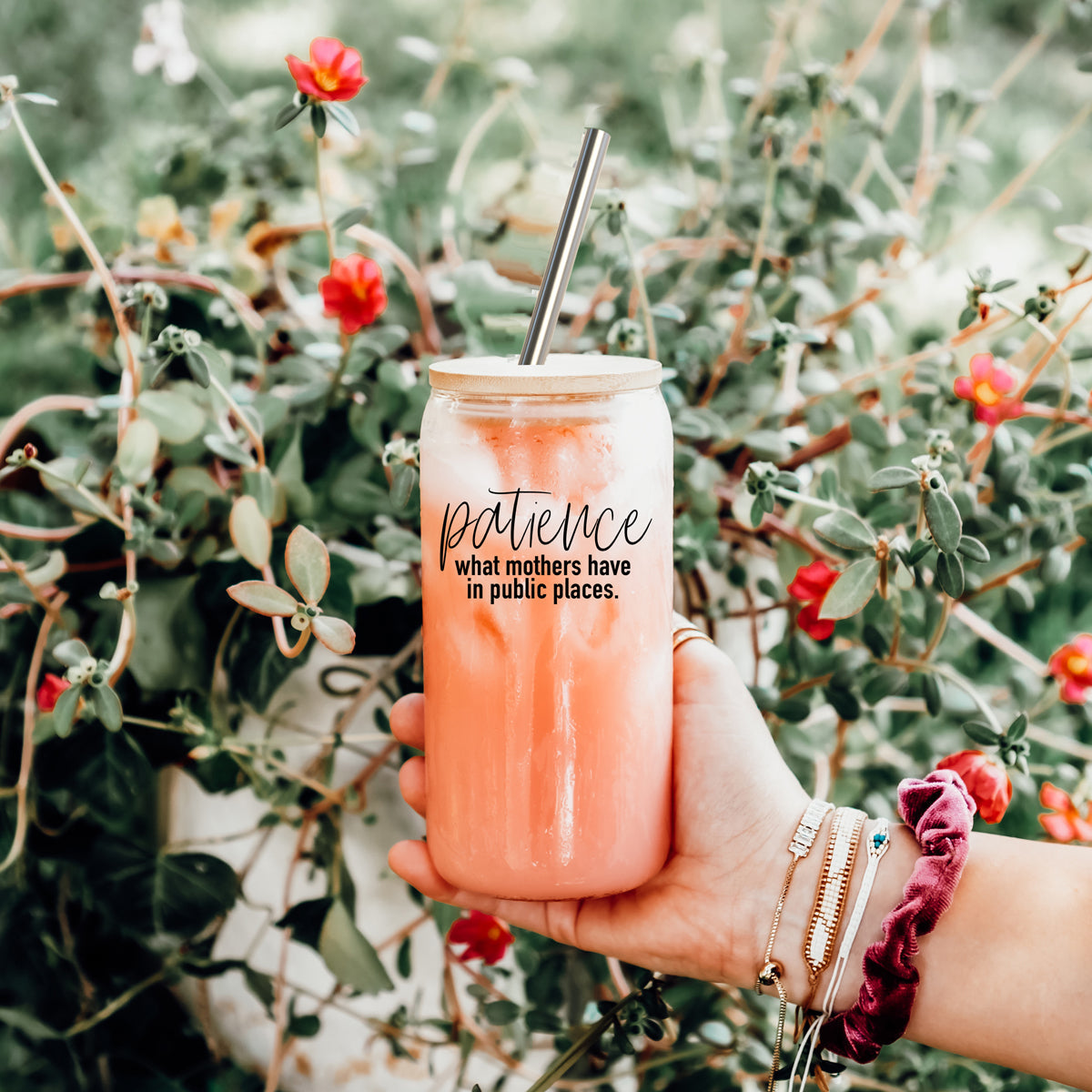 17oz Glass Tumbler With Bamboo Lid And 2 Stainless Straws, Mom Humor BandsCo Straps