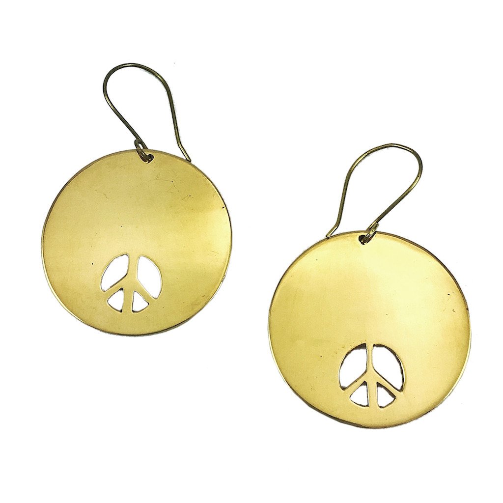 Peace Sign Earrings Recycled Brass Bombshells Handcast In Cambodia Charity BandsCo Straps