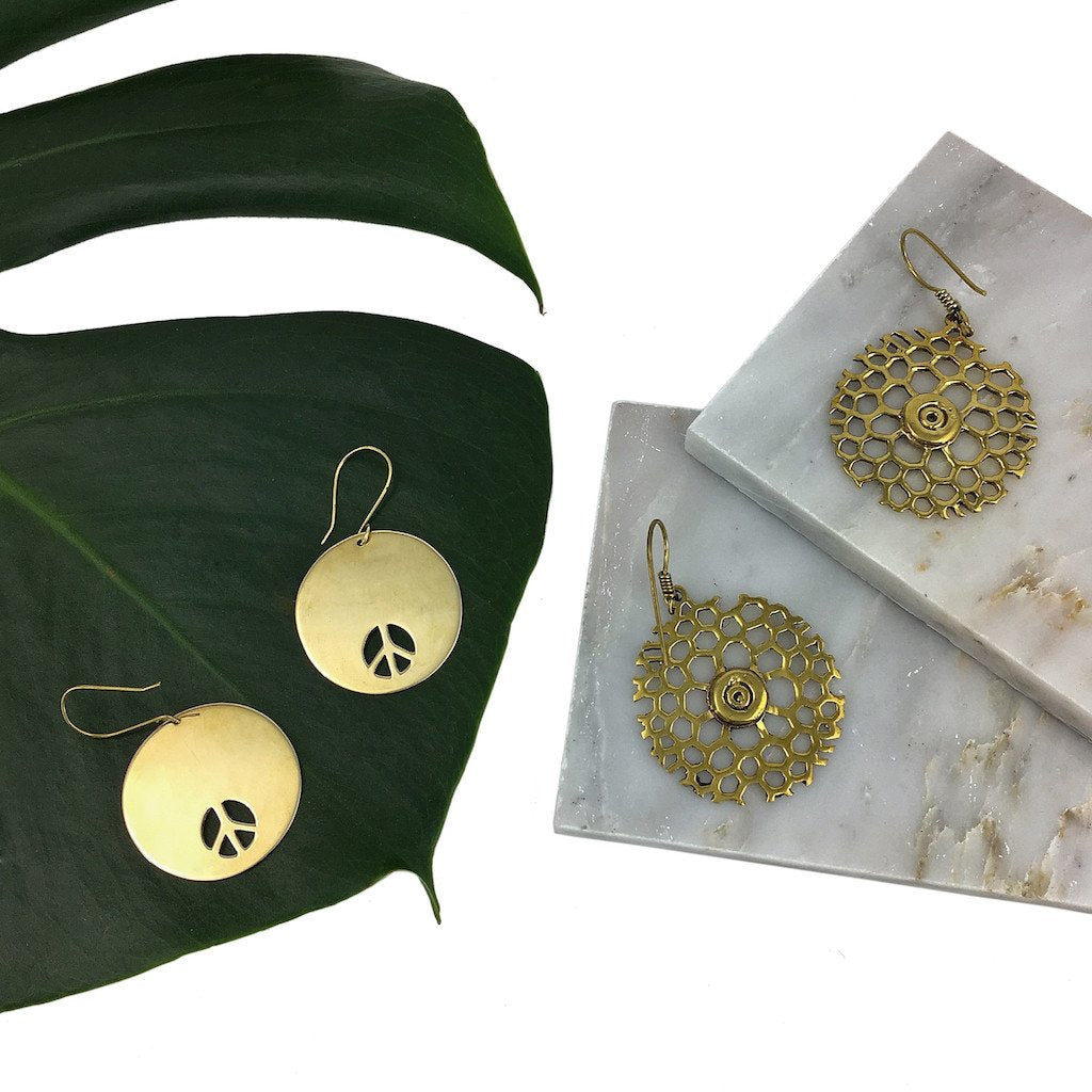 Peace Sign Earrings Recycled Brass Bombshells Handcast In Cambodia Charity BandsCo Straps