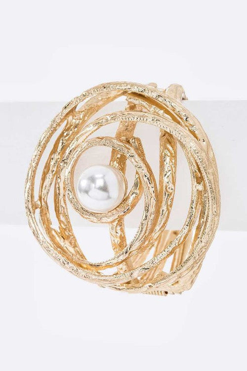 Pearl Accent Hinged Bangle Gold Plated Textured Bracelet