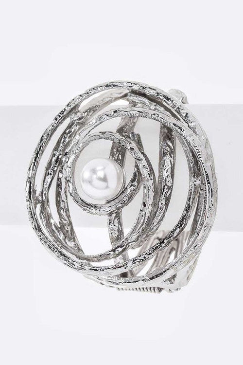 Pearl Accent Hinged Bangle Gold Plated Textured Bracelet