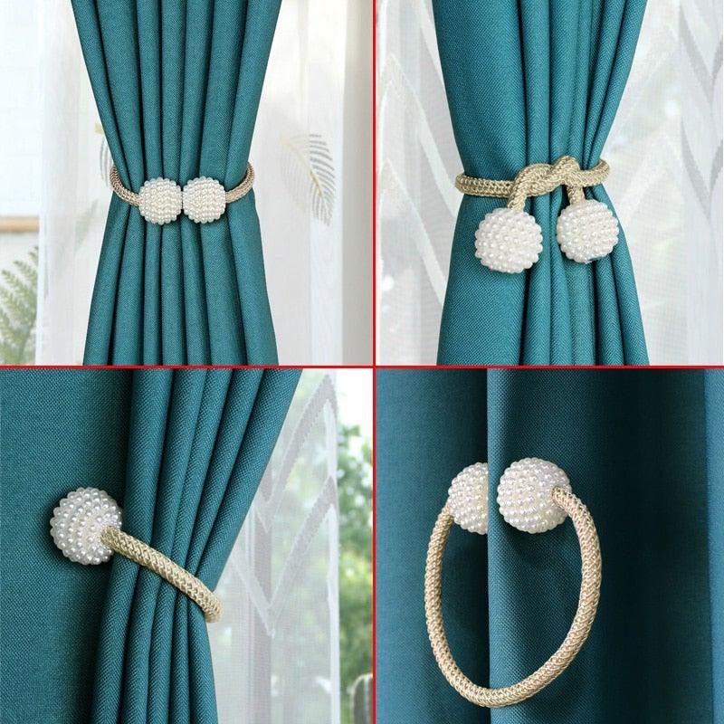 Pearl Magnetic Curtain Clip Tieback Home Decor Buckle Curtain Holder Hanging Ball Rope Straps Holdbacks Room Accessories Strong Magnetic Curtain Tiebacks Pearl Decorative Rope Window Holdbacks For Drapes Home Office Stevvex