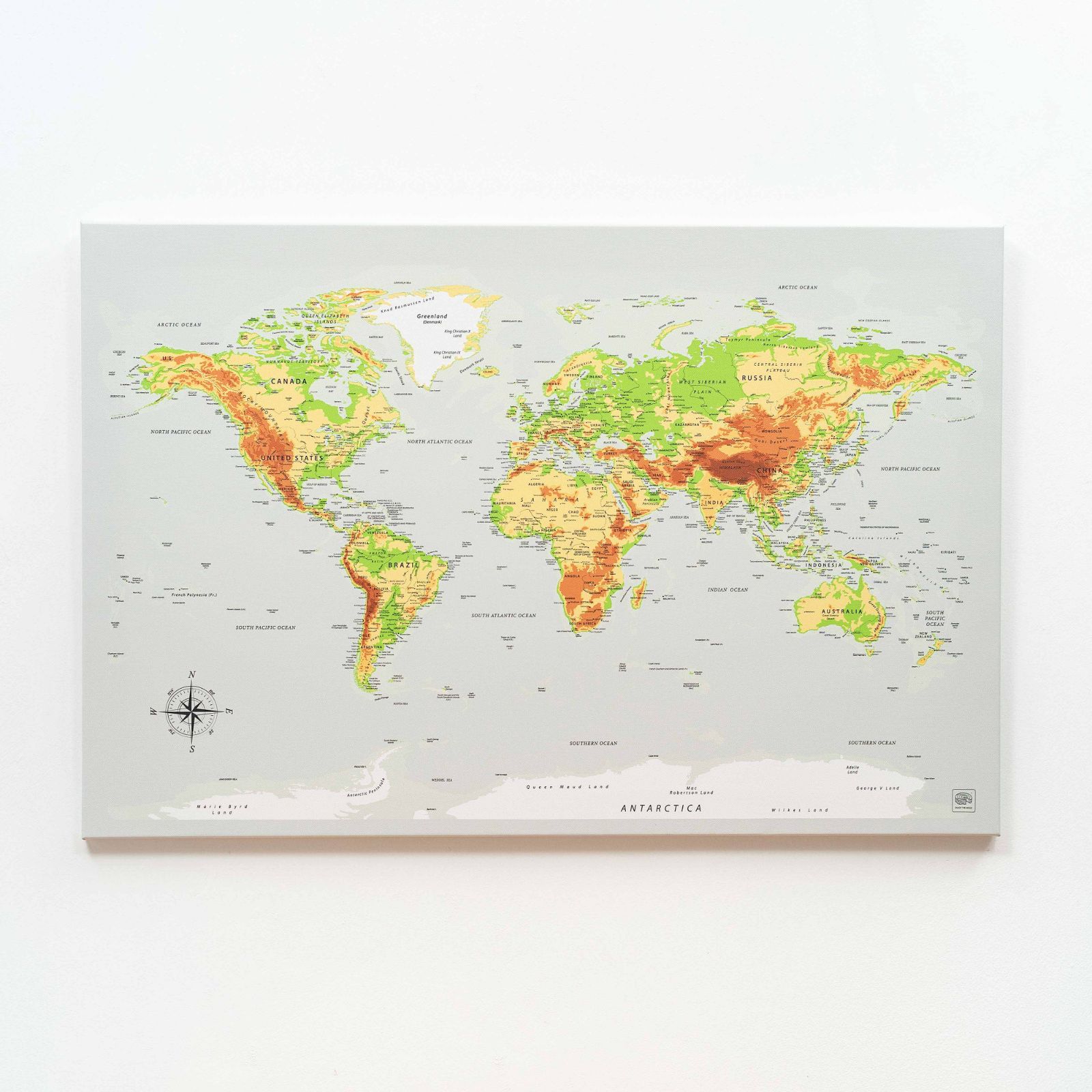World Map on Canvas - Physical - SJB-DIAMOND ELITES