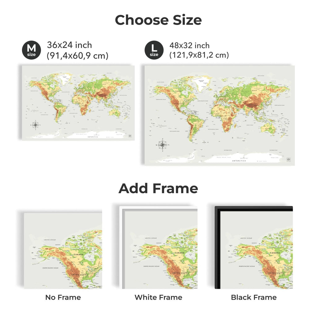 World Map on Canvas - Physical - SJB-DIAMOND ELITES