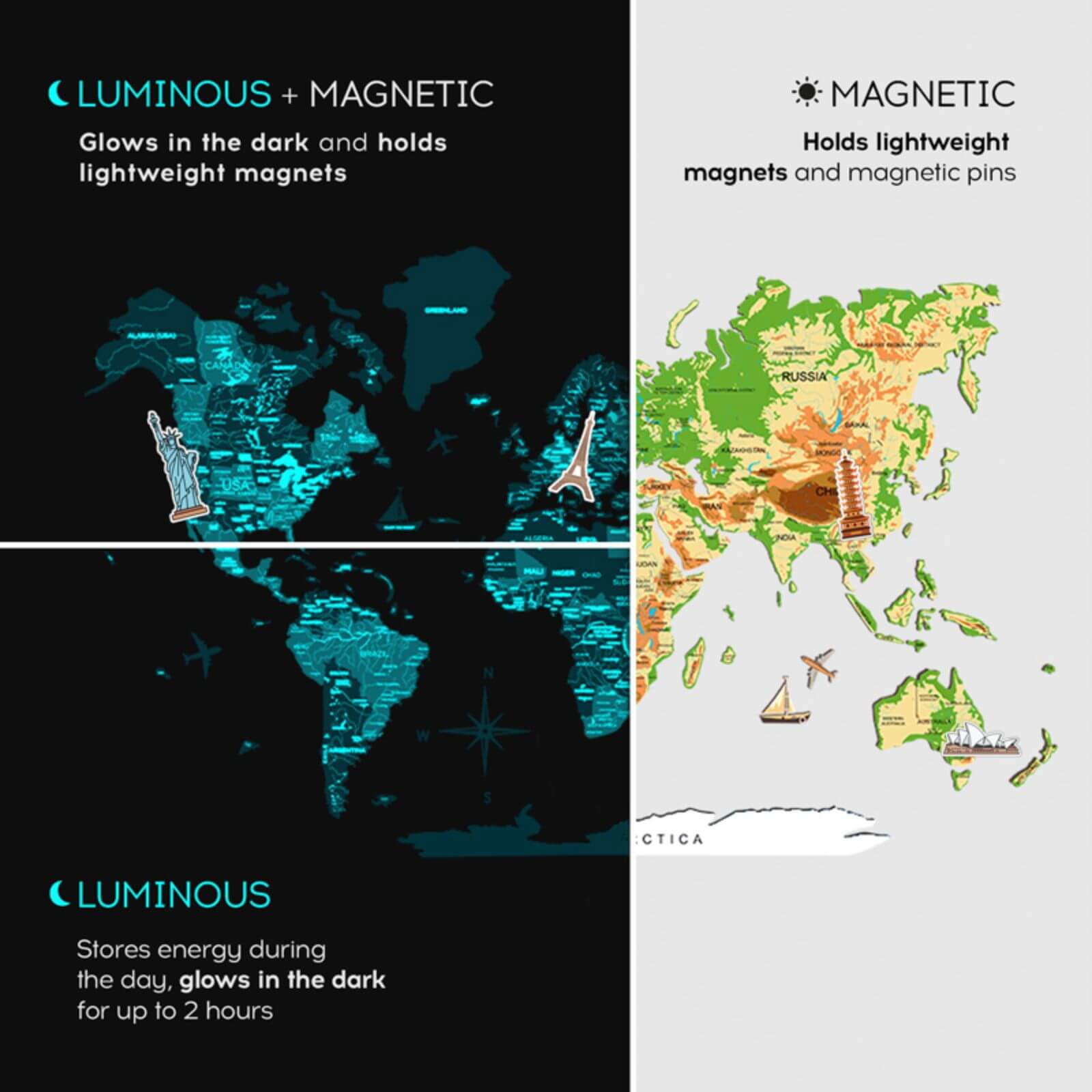 3D Luminous/Magnetic Colored Wooden World Map Physical - SJB-DIAMOND ELITES