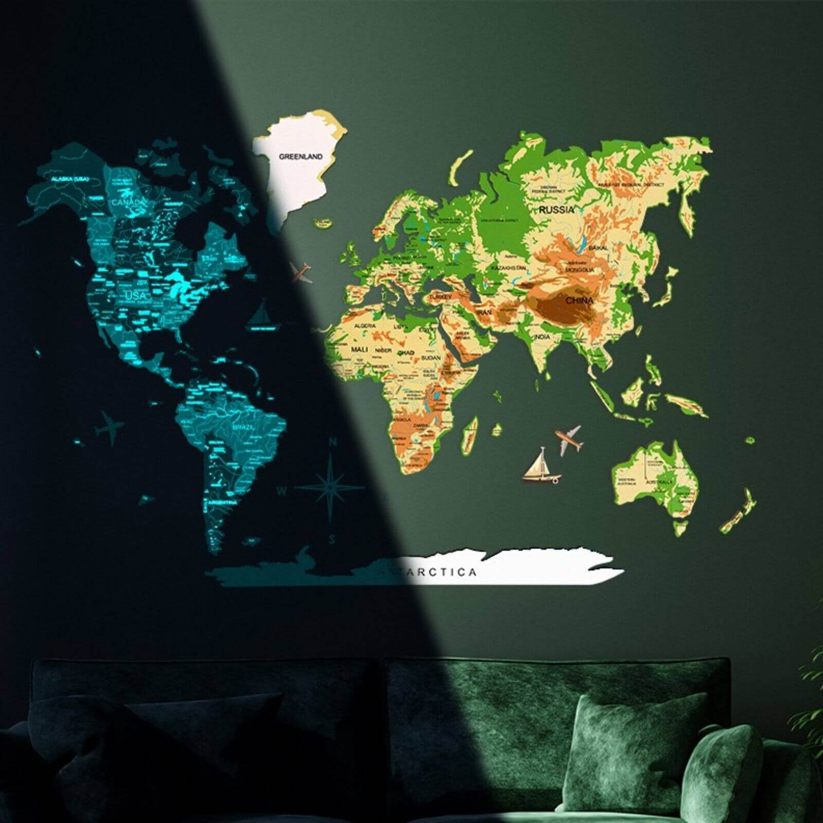 3D Luminous/Magnetic Colored Wooden World Map Physical - SJB-DIAMOND ELITES