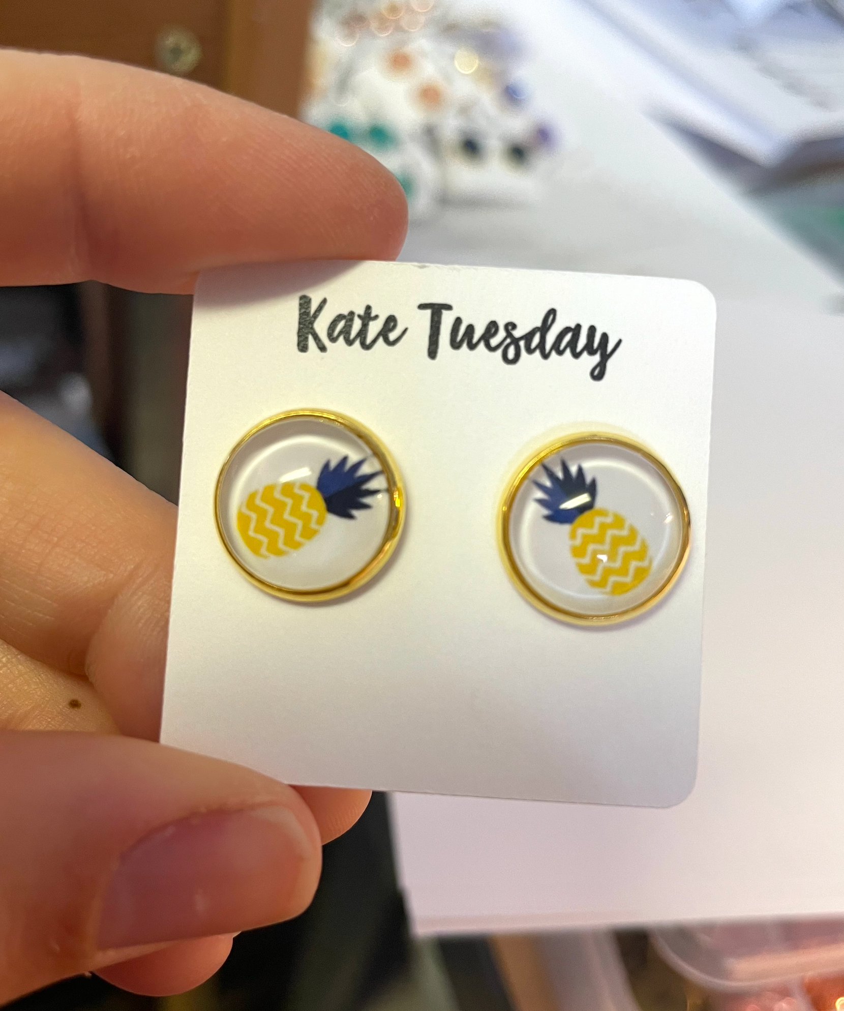 Pineapple Stud Earrings 12mm Gold Rim Hypoallergenic