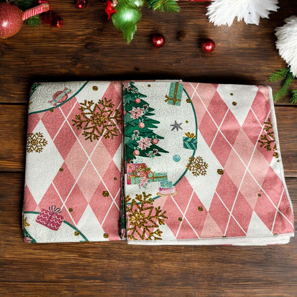 Pink Christmas Dish Towels Set - Absorbent Quick-Dry Cotton Kitchen Towels BandsCo Straps