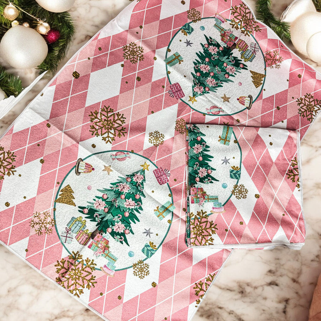 Pink Christmas Dish Towels Set - Absorbent Quick-Dry Cotton Kitchen Towels BandsCo Straps
