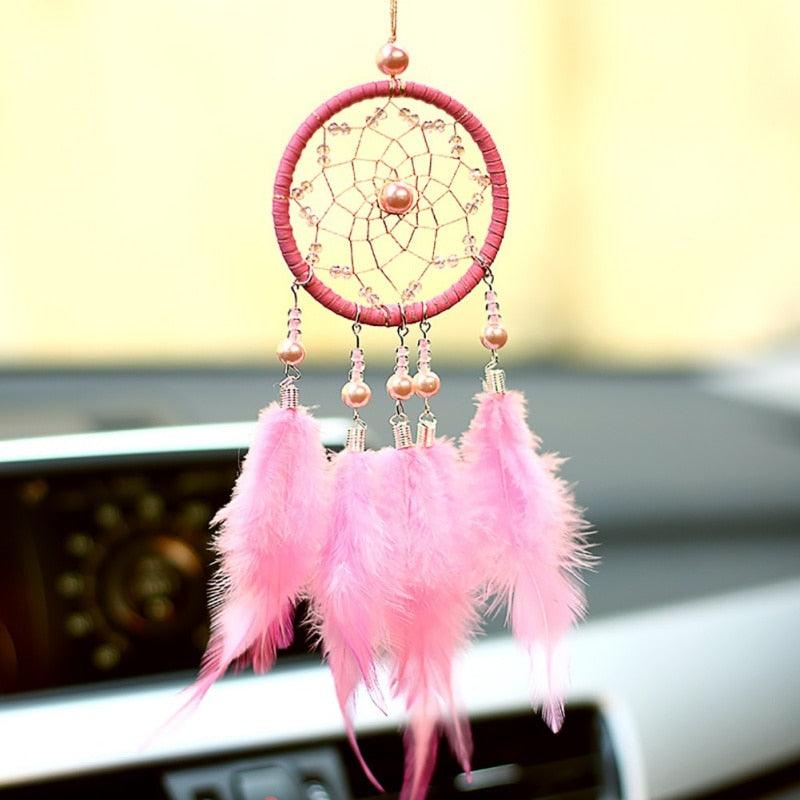 Pink Handmade Dream Catcher Wind Chimes Indian Style Feather Pendant Dream Catcher Car Hanging Decoration Wind Chime Wall Hanging Home Decor Stevvex