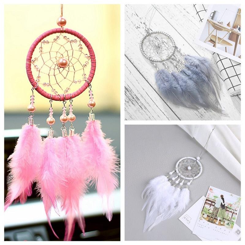 Pink Handmade Dream Catcher Wind Chimes Indian Style Feather Pendant Dream Catcher Car Hanging Decoration Wind Chime Wall Hanging Home Decor Stevvex