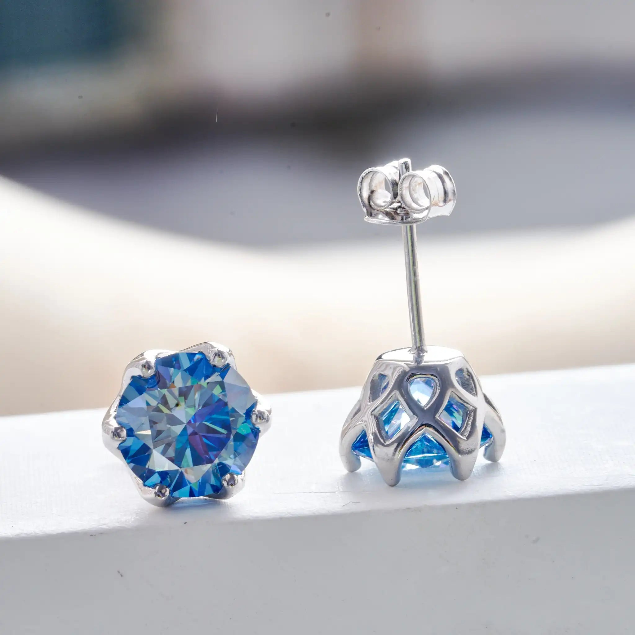 Pink Royal Blue Moissanite Stud Earrings S925 Sterling Silver 0.5 1 2 Ct Bride BandsCo Straps