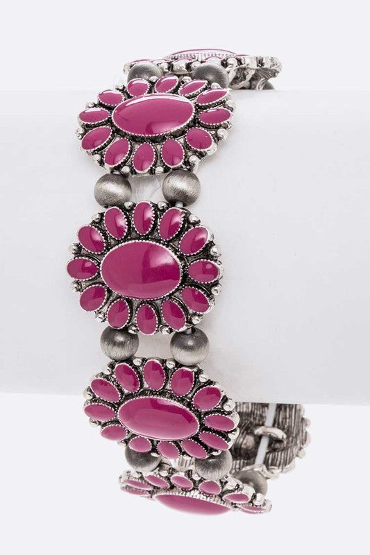 Pink Stone Western Stretch Bracelet Silver Concho Boho