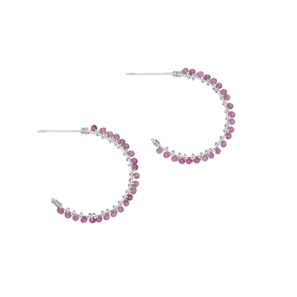 Pink Tourmaline Sterling Silver Hoop Earrings Petite