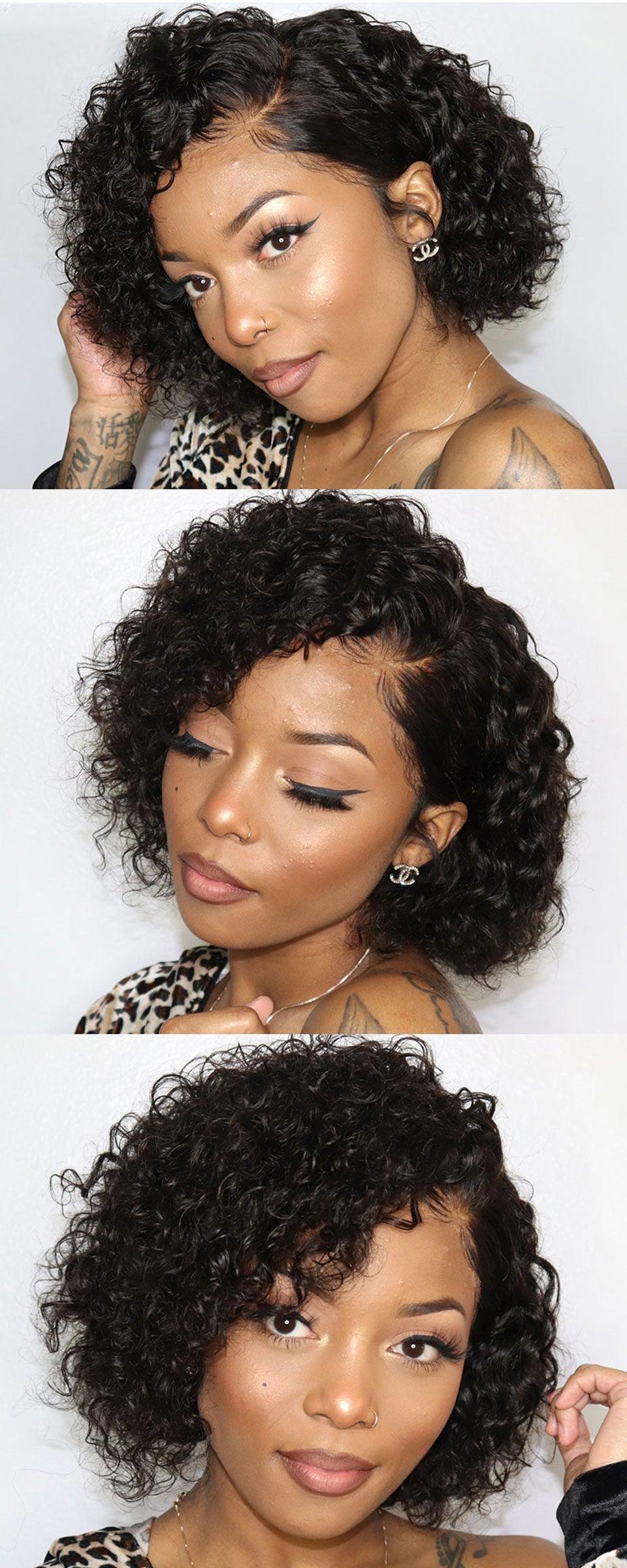 Pixie Cut Short Curly Lace Front Human Hair Wigs for Black Women Brazilian Water Deep Wave Side Part Bob Wig Transparent Lace Wigs For Black Women Gifts for Girlfriends Stevvex