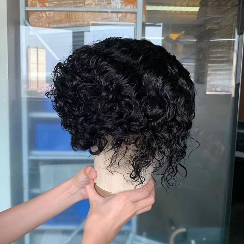 Pixie Cut Short Curly Lace Front Human Hair Wigs for Black Women Brazilian Water Deep Wave Side Part Bob Wig Transparent Lace Wigs For Black Women Gifts for Girlfriends Stevvex
