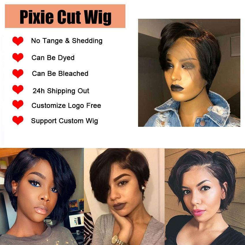 Pixie Cut Wig Short Lace Front Human Hair Wigs For Black Women Brazilian T part Straight Bob Wigs Lace Front Wig Remy Hair Side Part Wigs For Black Women Gifts for Girlfriends Stevvex