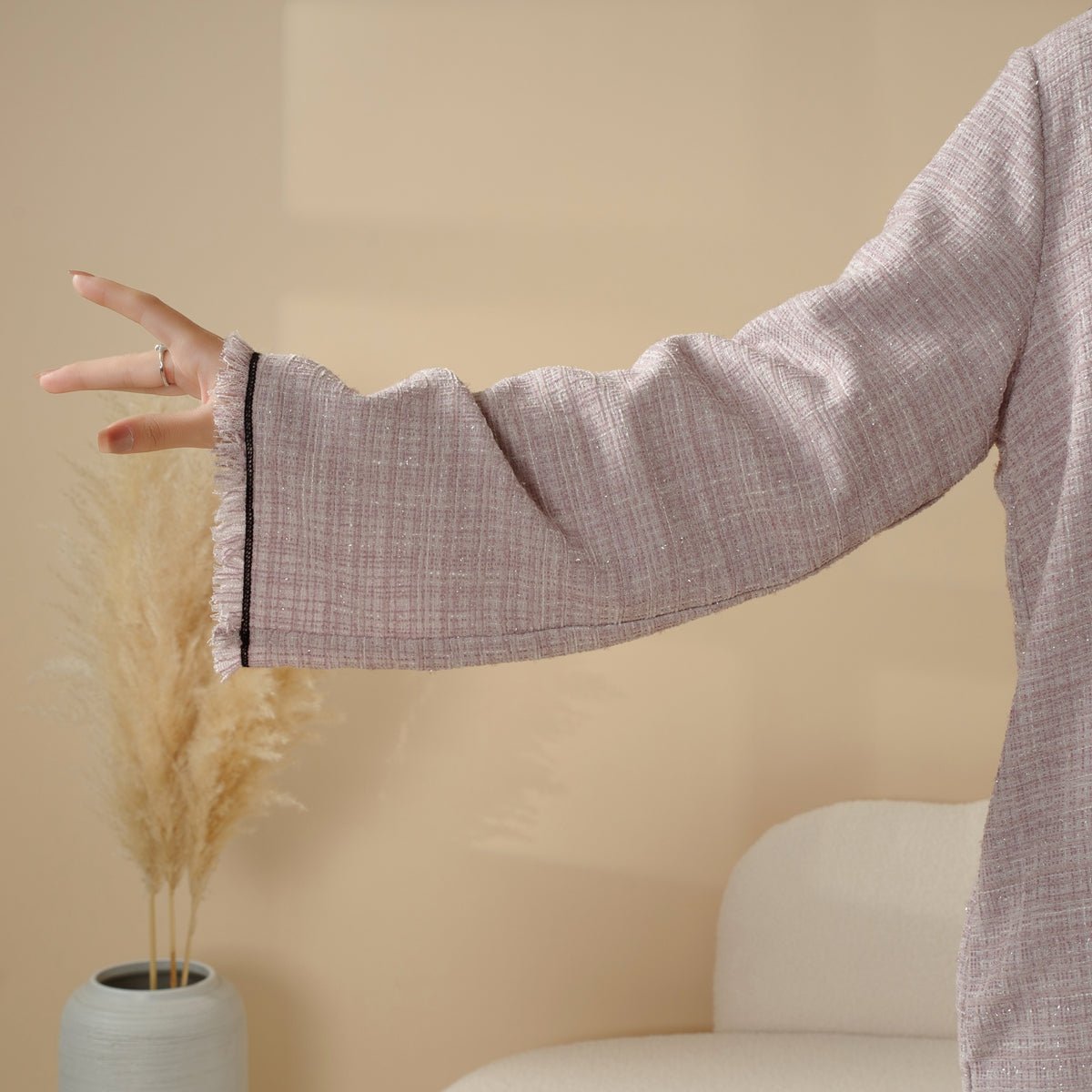 Plaid Tweed Open Abaya Coat with Fringe Details (MOA104)