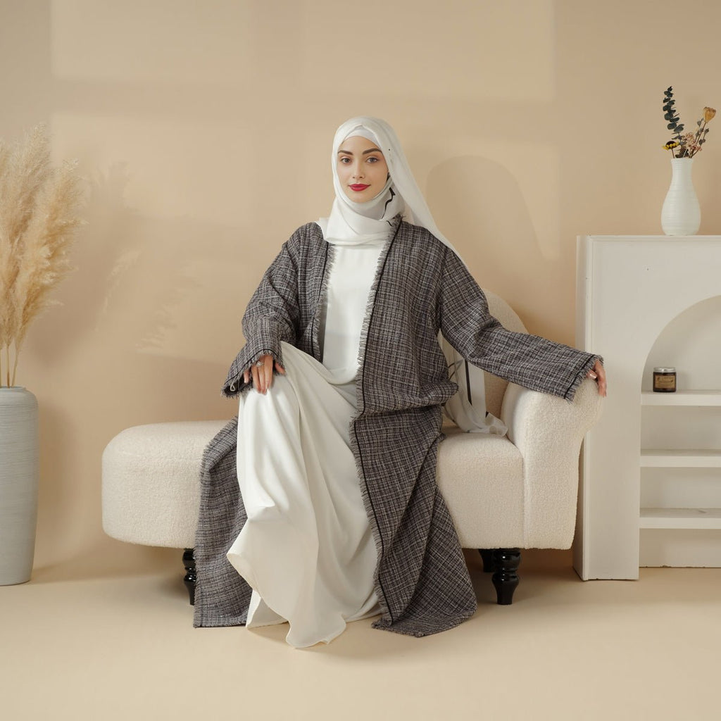 Plaid Tweed Open Abaya Coat with Fringe Details (MOA104)