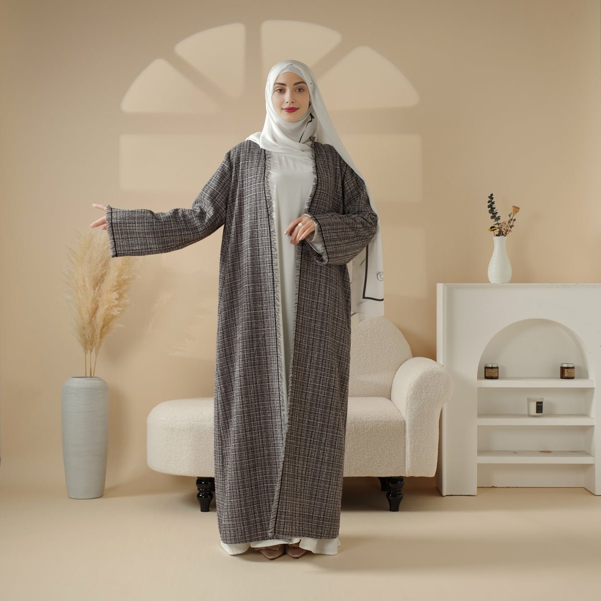Plaid Tweed Open Abaya Coat with Fringe Details (MOA104)